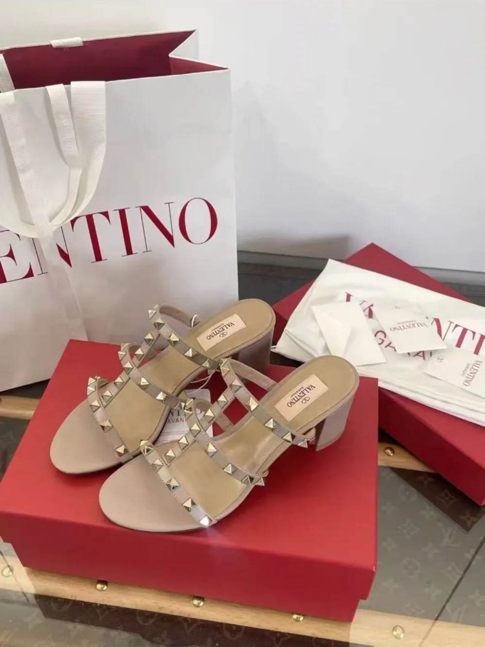 Valentino Rockstud Nude Leather Block‑Heel Slide Sandals